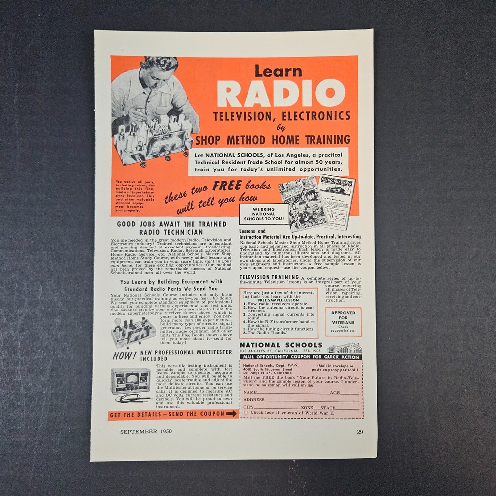 1950 National Schools‎ Learn Radio Television Electronics Vintage Print Ad LA CA
